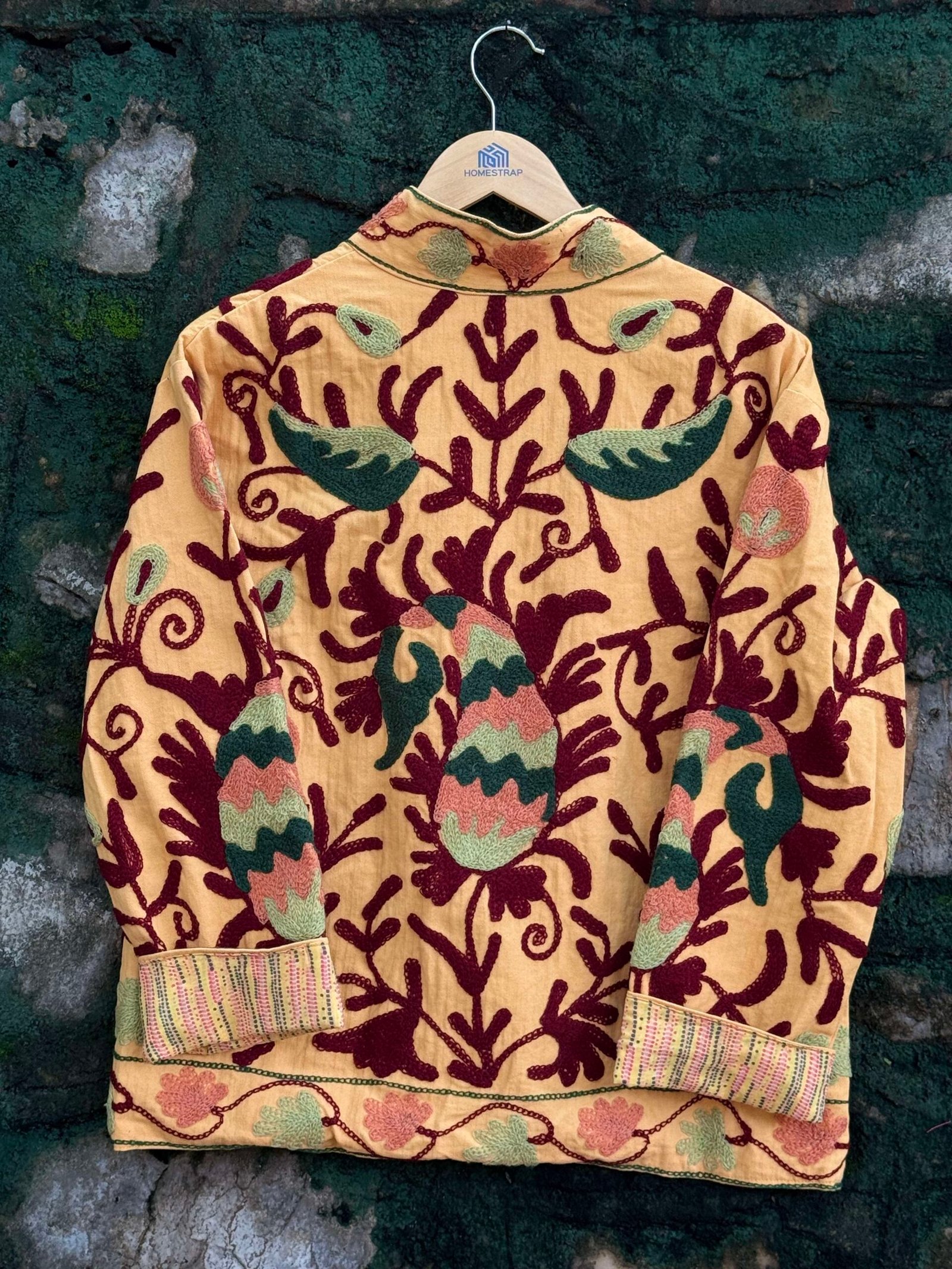 Womens Yellow Velvet Embroidered Jacket with Floral Design - Image 5
