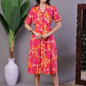 Women's Pink & Orange Abstract Print Cotton Shirt Dress