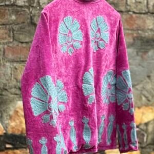 Womens Pink Velvet Embroidered Jacket with Floral Design
